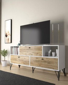 Resim Woodn Love Mia 160 Cm Metal Ayaklı Tv Ünitesi - Konsol - Beyaz - Atlantik Çam / Siyah 