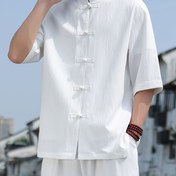 Resim 1 adet Antika Çin Esintili Erkek Casual Moda Gömlek - Katı Renk Polyester Dokuma Dikişli Yaka ile Düğme Detayı, Standart Beden Yaz Üst 