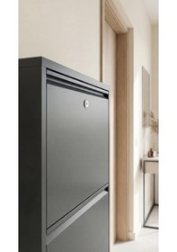 Resim Kilitli Üçlü Metal Ayakkabılık Antrasit Yedek Anahtarlı Antrasit 