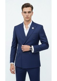 Resim Plus Scorpion Gold Düğmeli Kruvaze Erkek Blazer Ceket Premium Kumaş, Slim Fit Şıklık Açık Lacivert 