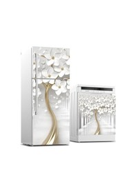 Resim Buzdolabı Ve Bulaşık Makinası Beyaz Eşya Sticker Kaplama 3d Beyaz Ağaç 