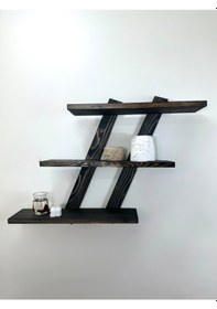 Resim Doğal Ahşap Dekoratif Simetrik Duvar Rafı,3 Katlı Vintage, Siyah 