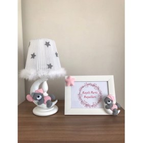 Resim Bebek Çocuk Odası Abajur ve Çerçeve Ay Ayıcık Gri Açıkpembe Yıldızlı 