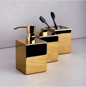 Resim DİZAYNAKS Kare Parlak Altın Sıvı Sabunluk Diş Fırçalık Pamukluk Seti 