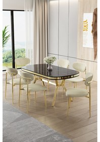 Resim Canisa Olya Serisi 90x168 Lak Panel Sonata Masa Takımı Gold Ayaklı 6 Krem Sandalye Sonata Masa Krem Sandalye 