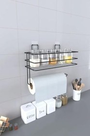 Resim Orret Home Yapışkanlı Metal Raf - Kağıt Havlu Askılı Duvar Tipi Baharatlık ve Şampuanlık, Banyo ve Mutfak İçin Uygun, Delmeden Yapıştırmalı Metal Askılı Organizer Raf 