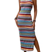 Resim Kadın Kolsuz Dar Kesim Jersey Elbise, %95 Polyester %5 Elastan, Yuvarlak Yaka, Her Mevsim Örgü Kumaş, Yetişkinler İçin Tatil Stili Baskılı Midi Elbise 