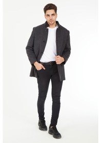 Resim Sposo 1739 Düğmeli Hakim Yaka Yünlü Kaşe Antrasit Erkek Kaban Antrasit Melanj 