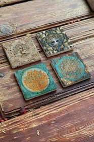 Resim Oscar Stone Decor Taş Bardak Altlığı Stone Coasters - 4Lü Set Hayat Ağacı Yaşam Çiçeği Seti Ba540 