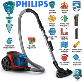 Resim Philips Powerpro Compact Torbasız Elektrikli Süpürge | 900W Güçlü Motor, Powercyclone 5 Teknolojisi, Triactive Başlık, %99.9 Toz Toplama, Allergy H13 Filtre, Entegre Fırçalı Kompakt Tasarım 