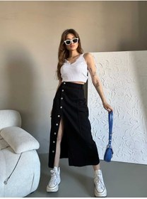 Resim Swet Shop Jeans Kadın Önü Düğmeli Uzun Boy Siyah Likralı Kot Etek 