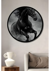 Resim Siyah Beyaz Vahşi At Sulu Boya Görünümlü Ahşap Tablo Yuvarlak Duvar Tablosu Çerçeve Görünümlü-3-9087 - 30 X 30 