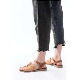 Resim 205-029 Bej Ortopedik Hakiki Deri Kadın Sandalet Altın - Taba 