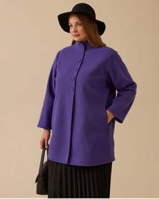 Resim Büyük Beden Hakim Yaka Düğmeli Kaban Gala-xi Mor 