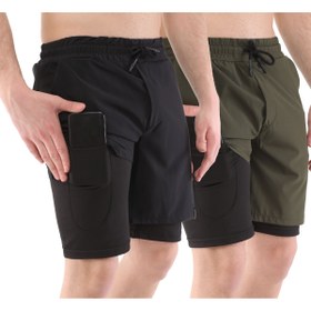Resim Ghassy Co Erkek 2'li Paket Running Hızlı Kuruma Micropoly Antrenman Fitness Kısa Taytlı Spor Şort 