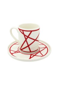 Resim Renkli Geometrik Çizgili 6 Kişilik Porselen Kahve Fincan Takımı Kırmızı 