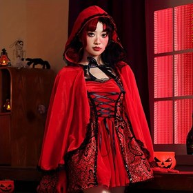 Resim 1 Adet Küçük Kırmızı Başlıklı Balo Elbisesi - Gotik Dantel Yaka ve Tam Kapüşonlu Pelerin, Anime, Cadılar Bayramı & Noel Partisi İçin, Çamaşır Makinesinde Yıkanabilir 