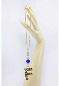 Resim Gold Renkli Parlak Taşlı Yassı Cam Nazar Boncuklu F Harfi Araba D 