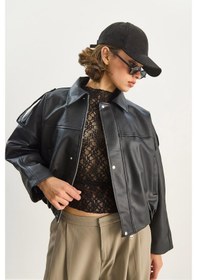 Resim Shade Kadın Apolet Detaylı Cepli Oversize Suni Deri Bomber Ceket 1055 60283650 - Siyah 