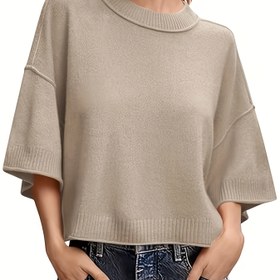 Resim Kadınlar İçin Şık Hafif Kazak - 3/4 Kol, Düşük Omuz, Yuvarlak Yaka, Orta Esneklikte Her Mevsim Giyilebilir Günlük Üst, Çok Amaçlı Kıyafetler için Sevimli Örgü Kazak 