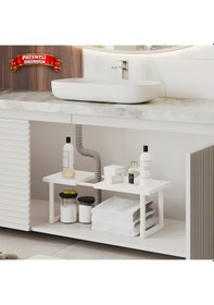 Resim Ayarlanabilir Genişletebilir Modüler Tek Katlı Dolap İçi Düzenleyici Raf Çok Amaçlı Raf Plastik Beyaz 