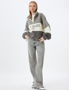 Resim Peluş Sweatshirt Oversize Yarım Fermuarlı Kolej Nakışlı Renk Bloklu 