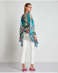 Resim Kadın Desenli Kemerli Şifon Pareo Geniş Kollu Ve Akışkan Hafif Tasarım 