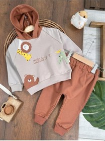 Resim Zürafa&aslan Baskılı Kapüşonlu Erkek Bebek Alt Üst Takım Kahve 