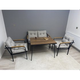 Resim Modern Merkür Balkon, Bahçe, Cafe - Metal Kanepe Koltuk Takımı - 2+1+1 + Masa Açık Gri Modernsh29 Açık Gri 