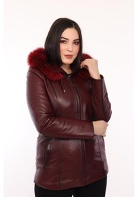 Resim Hakiki Kuzu Derisi Kürklü Ceket Kadın Bordo Kışlık Suya Dayanıklı Ceket Bordo 