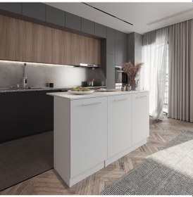 Resim Beyaz Tezgahlı Katrina Mutfak Adası Alt Modül 180 Cm- Beyaz Tezgah Dahil-çok Amaçlı Dolap-alt Modül- Beyaz 