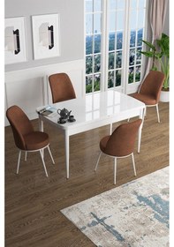 Resim Canisa Han Serisi 70x114 Açılabilir Mdf Mutfak Masası Takımı Beyaz Masa 4 Kiremit Sandalye Masa Beyaz Sandalyeler Kiremit 