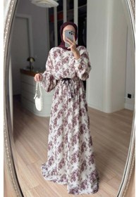 Resim Kahijab Çiçek Desenli Yarasa Kol Astarlı Elbise - Bordo 