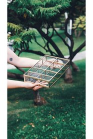 Resim El Crea Designs 30x20x6cm 10 Bölmeli Pirinç Gold Cam Kapaklı Organizer Kutu Takı Aksesuar Kolye Makyaj Düzenleyici 