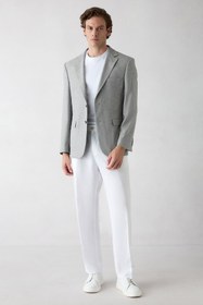 Resim Açık Füme 4 Drop Relaxed Fit Rahat Kesim Mono Yaka Desenli Klasik Keten Karışımlı Ceket - Relaxed Fit / Açık Füme / 50 