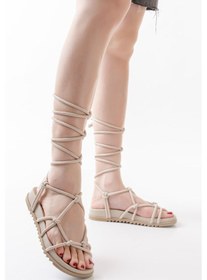 Resim 1001-1001 Bej Bilekten Bağcıklı Kadın Sandalet Altın - Taba 