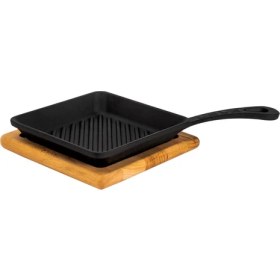 Resim Lava Döküm Mini Kare Izgara Tava Kayın Ahşap Altlıklı Döküm Demir Yekpare Saplı Ölçü 16x16cm. 