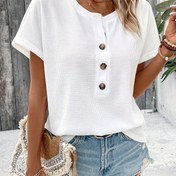 Resim Solid Renk Henley Boyunlu T-Shirt, Bahar Ve Yaz Için Rahat Kısa Kollu T-Shirt, Kadın Giyim 