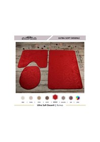 Resim Ultrasoft Desenli Kırmızı 3 Lü Banyo Paspası Halısı Seti Kaymaz T Kırmızı 