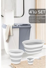 Resim 4'lü Set - 90 Lt İki Bölmeli Kirli Çamaşır Sepeti Katlanabilir Sepet Akordiyon Su Kovası Maşrapa Gri Gri 
