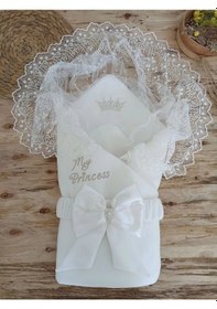 Resim Yenidoğan Sahra Taç Benim Prensesim Nakışlı Kundak Bebek Battaniyesi Ekru Çok Renkli 