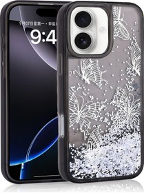 Resim İphone 16 Uyumlu Kılıf Sıvılı Simli Kelebek Baskılı Şeffaf Arka Yüzey Zore Glis Silikon Kapak-siyah Siyah 