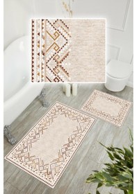 Resim Dijital Baskı Kilim Desen Kaymaz Taban 2li Set Banyo Paspası Klozet Takımı 50x60cm-60x100cm Krem 