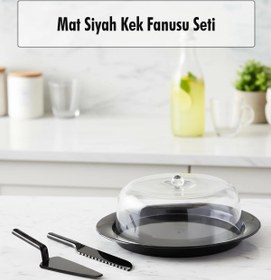 Resim BiiShe Akrilik Mat Siyah Kek Fanusu ve Servis Seti - 33 x 39 x 14 cm 