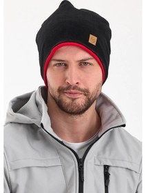 Resim Erkek Siyah Polar Dış, Kahve Pamuklu Iç Kısım, Çift Renk Çift Katmanlı Katlanabilir Yumuşak Bere - Standart / Siyah-kırmızı Siyah-kırmızı 