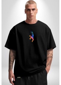Resim Smaç Basketbol Renkli Siyah Oversize Unisex Ön Orta Minimal Baskılı Tişört Siyah 