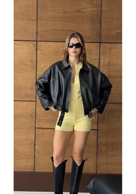 Resim Prifaldi Oversize Bomber Deri Ceket Siyah 