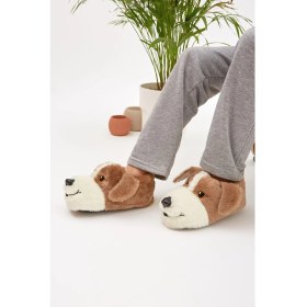 Resim Moda Devrin Mdes Taba Sevimli Köpek Figürlü Peluş Kadın Panduf 38-40 Numaralı Sessiz Taban Ayakkabı 