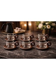 Resim Morponi 6'lı Borosilikat Cam Akasya Sap Ve Akasya Tabaklı Türk Kahvesi Fincanı 90 Ml Şeffaf 