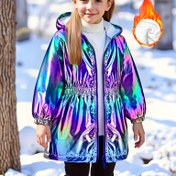 Resim 1 adet Kız Çocuk Modası Aurora Holografik Polar Astarlı Bel Bağlamalı Rüzgarlık Ceket Kapüşonlu, Günlük Spor Stili, Polyester, Esnek Olmayan, Düz Renk, Orta Uzunluk, Fermuarlı Kapatma, Bol Kesim, Dokuma, Tüm Mevsimler 